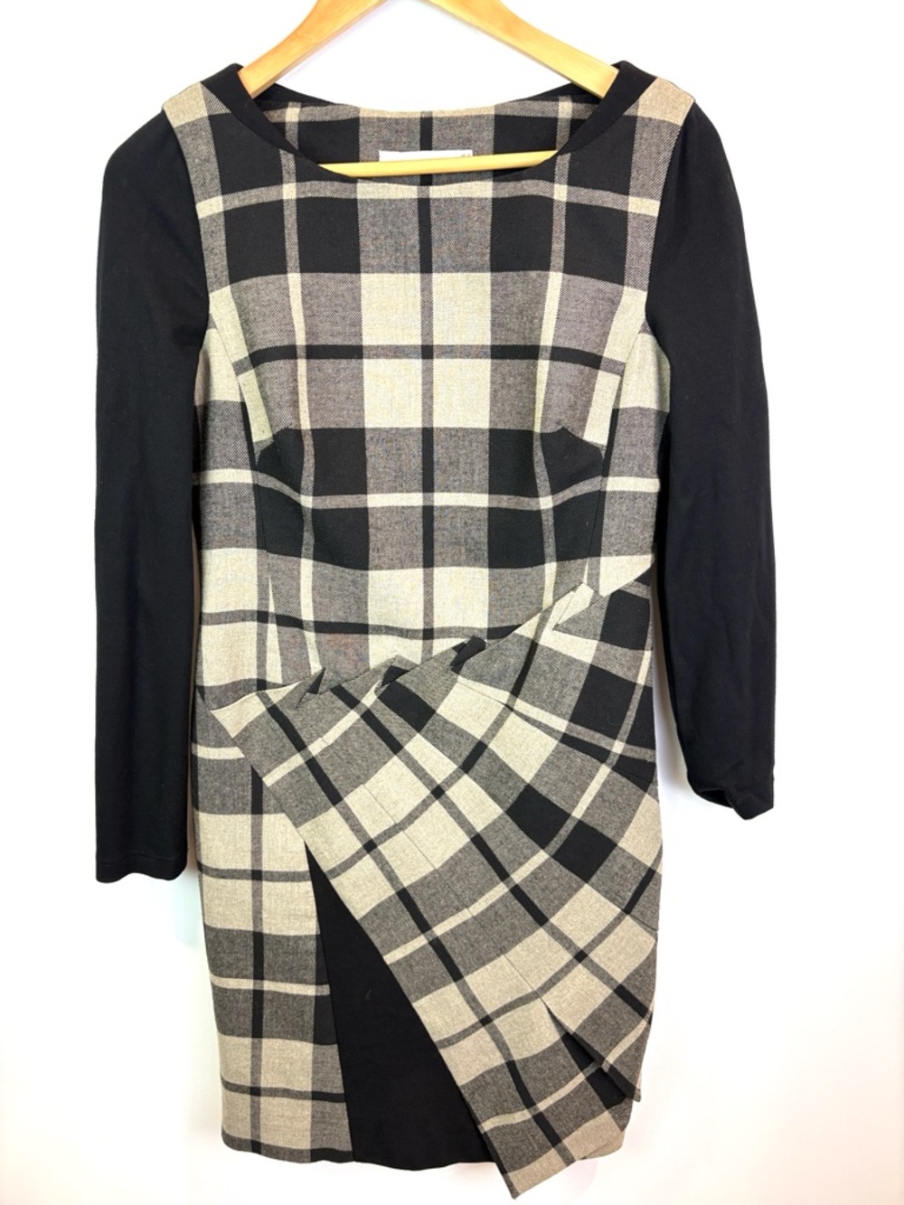 Karen Millen Plaid Ponte Sheath wool blend Dress with Black Sleeves size 8